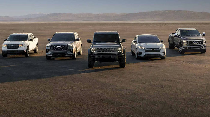 New Ford models lined up in the desert.